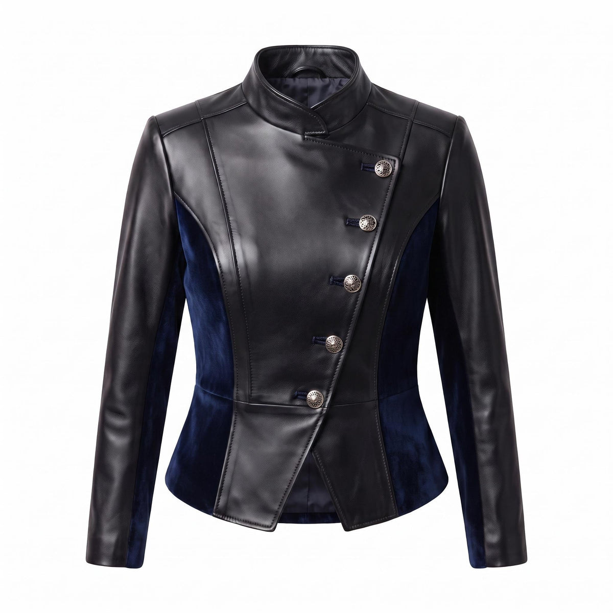 Women's Black Leather Blue Velvet Asymmetrical Military Jacket – Gothic Victorian Blazer - Timber AND Hide