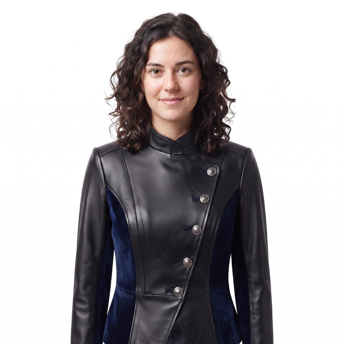 Women's Black Leather Blue Velvet Asymmetrical Military Jacket – Gothic Victorian Blazer - Timber AND Hide