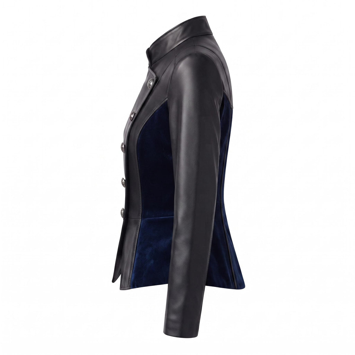 Women's Black Leather Blue Velvet Asymmetrical Military Jacket – Gothic Victorian Blazer - Timber AND Hide