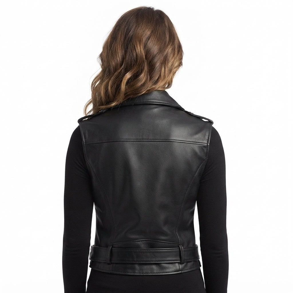 Women’s Black Stylish Biker-Style Leather Vest - Timber AND Hide