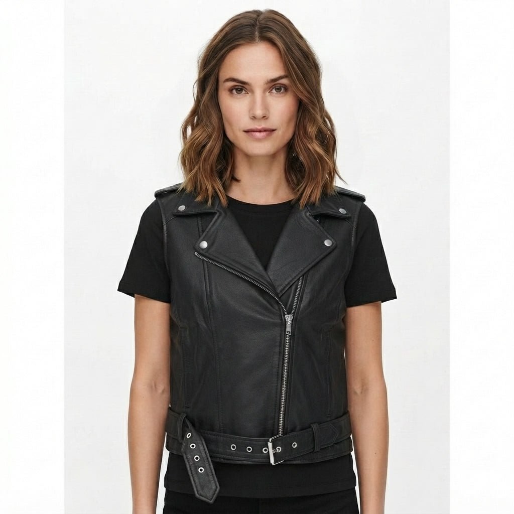 Women’s Black Stylish Biker-Style Leather Vest - Timber AND Hide