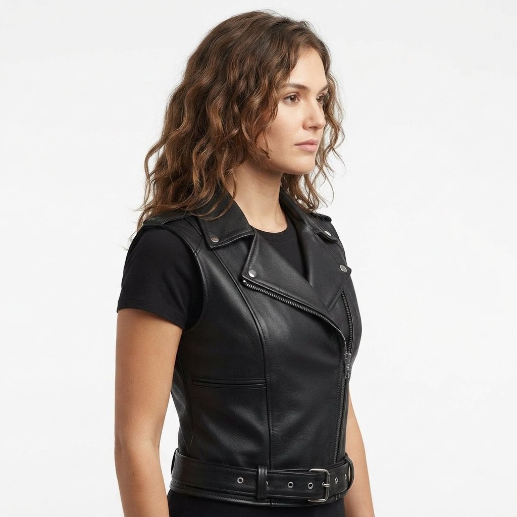 Women’s Black Stylish Biker-Style Leather Vest - Timber AND Hide