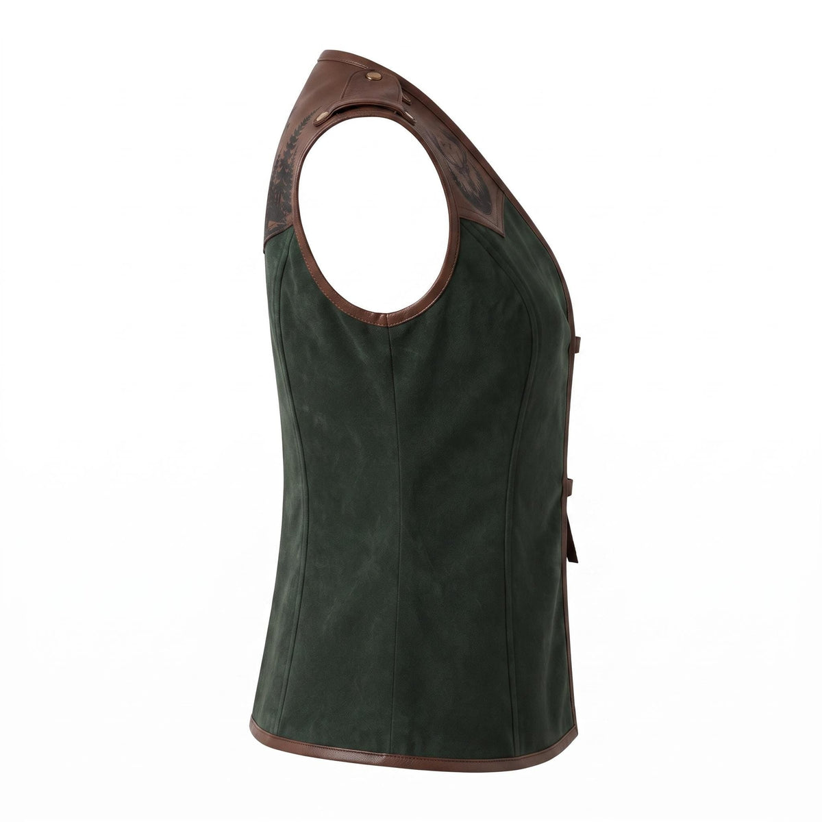 Women's Forest Green Suede Vest: Engraved Mountain Landscape, Leather Accents, Cottagecore Outerwear - Timber AND Hide
