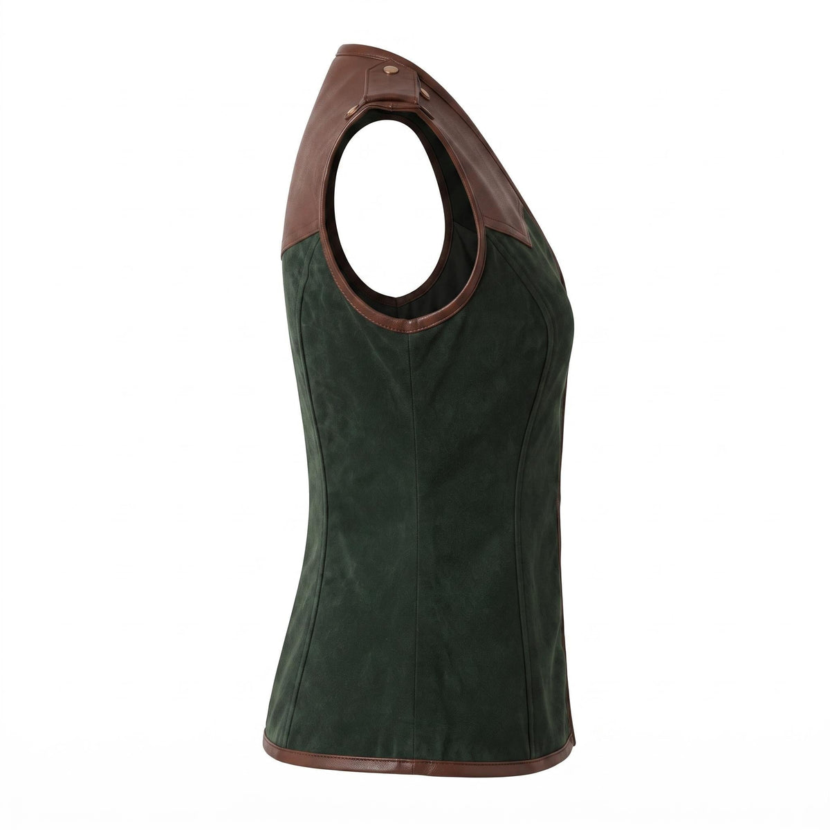 Women's Forest Green Suede Vest: Engraved Mountain Landscape, Leather Accents, Cottagecore Outerwear - Timber AND Hide