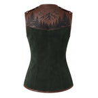 Women's Forest Green Suede Vest: Engraved Mountain Landscape, Leather Accents, Cottagecore Outerwear - Timber AND Hide