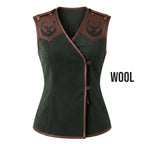 Women's Forest Green Suede Vest: Engraved Mountain Landscape, Leather Accents, Cottagecore Outerwear - Timber AND Hide