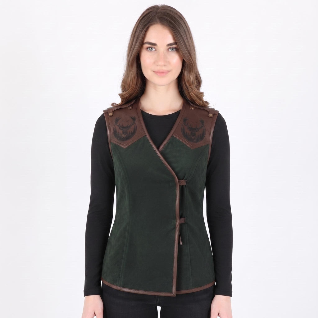 Women's Forest Green Suede Vest: Engraved Mountain Landscape, Leather Accents, Cottagecore Outerwear - Timber AND Hide