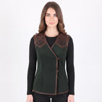 Women's Forest Green Suede Vest: Engraved Mountain Landscape, Leather Accents, Cottagecore Outerwear - Timber AND Hide