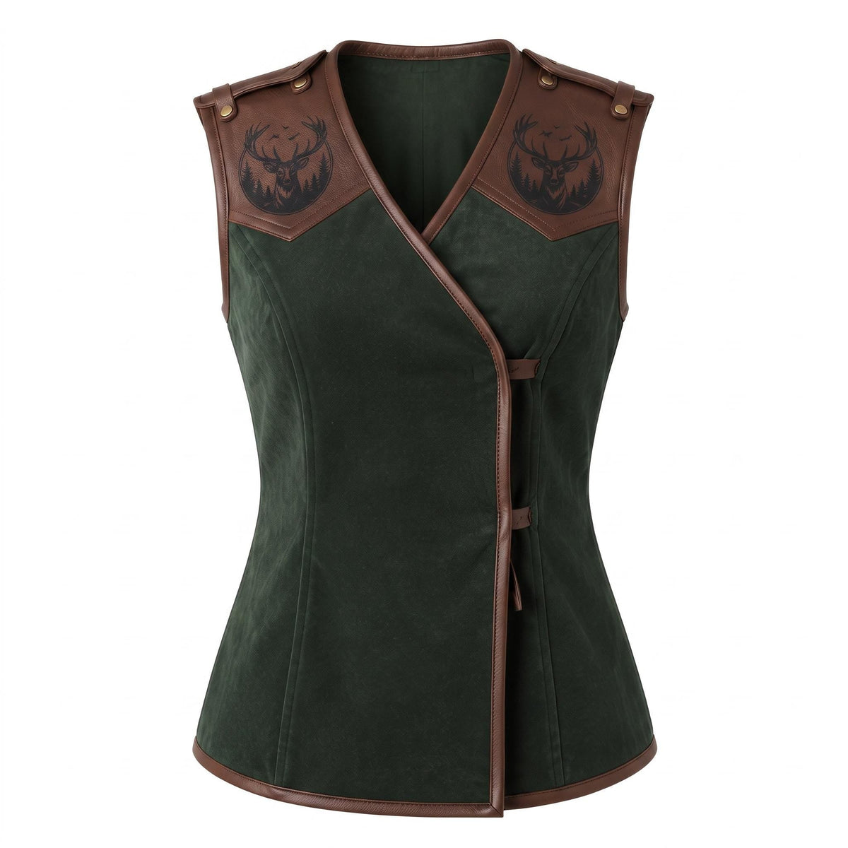 Women's Forest Green Suede Vest: Engraved Mountain Landscape, Leather Accents, Cottagecore Outerwear - Timber AND Hide