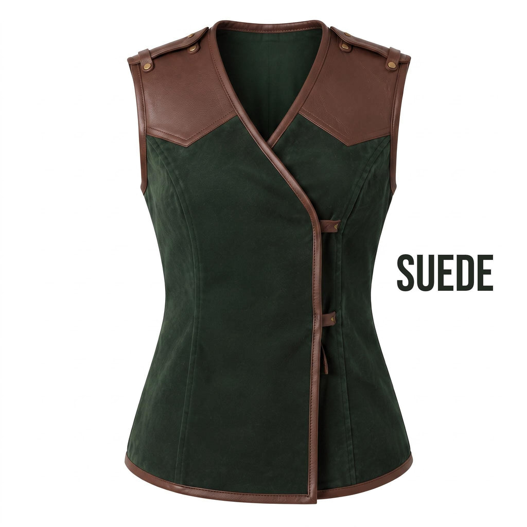 Women's Forest Green Suede Vest: Engraved Mountain Landscape, Leather Accents, Cottagecore Outerwear - Timber AND Hide