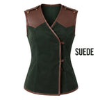 Women's Forest Green Suede Vest: Engraved Mountain Landscape, Leather Accents, Cottagecore Outerwear - Timber AND Hide
