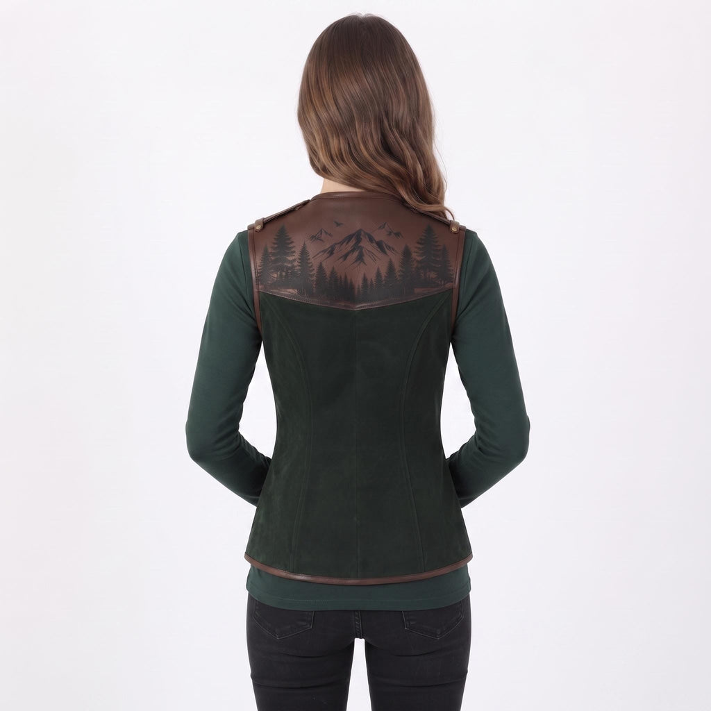 Women's Forest Green Suede Vest: Engraved Mountain Landscape, Leather Accents, Cottagecore Outerwear - Timber AND Hide