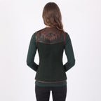 Women's Forest Green Suede Vest: Engraved Mountain Landscape, Leather Accents, Cottagecore Outerwear - Timber AND Hide