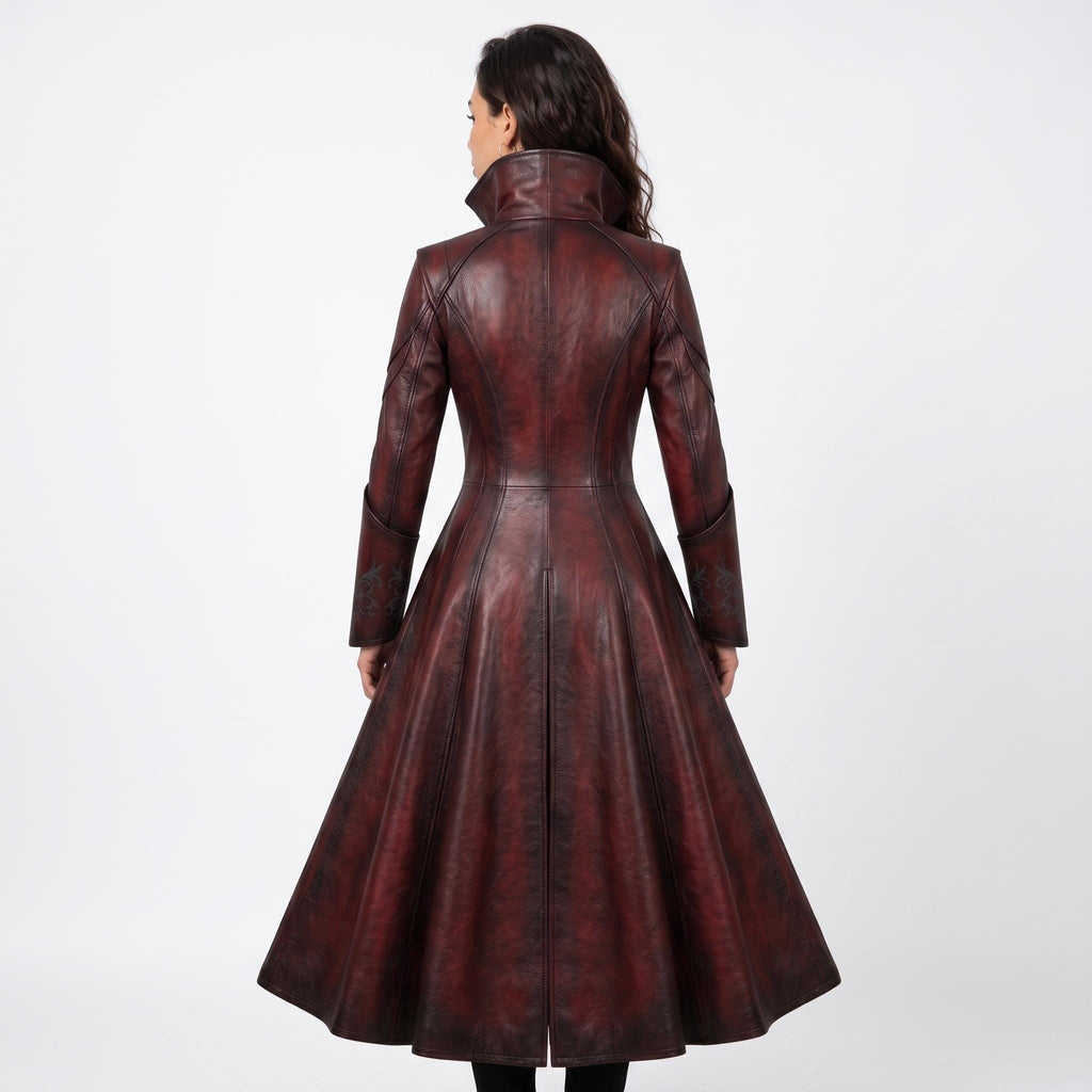 Women's Gothic Vampire Queen Leather Coat | Distressed Burgundy Victorian Cosplay Jacket - Timber AND Hide