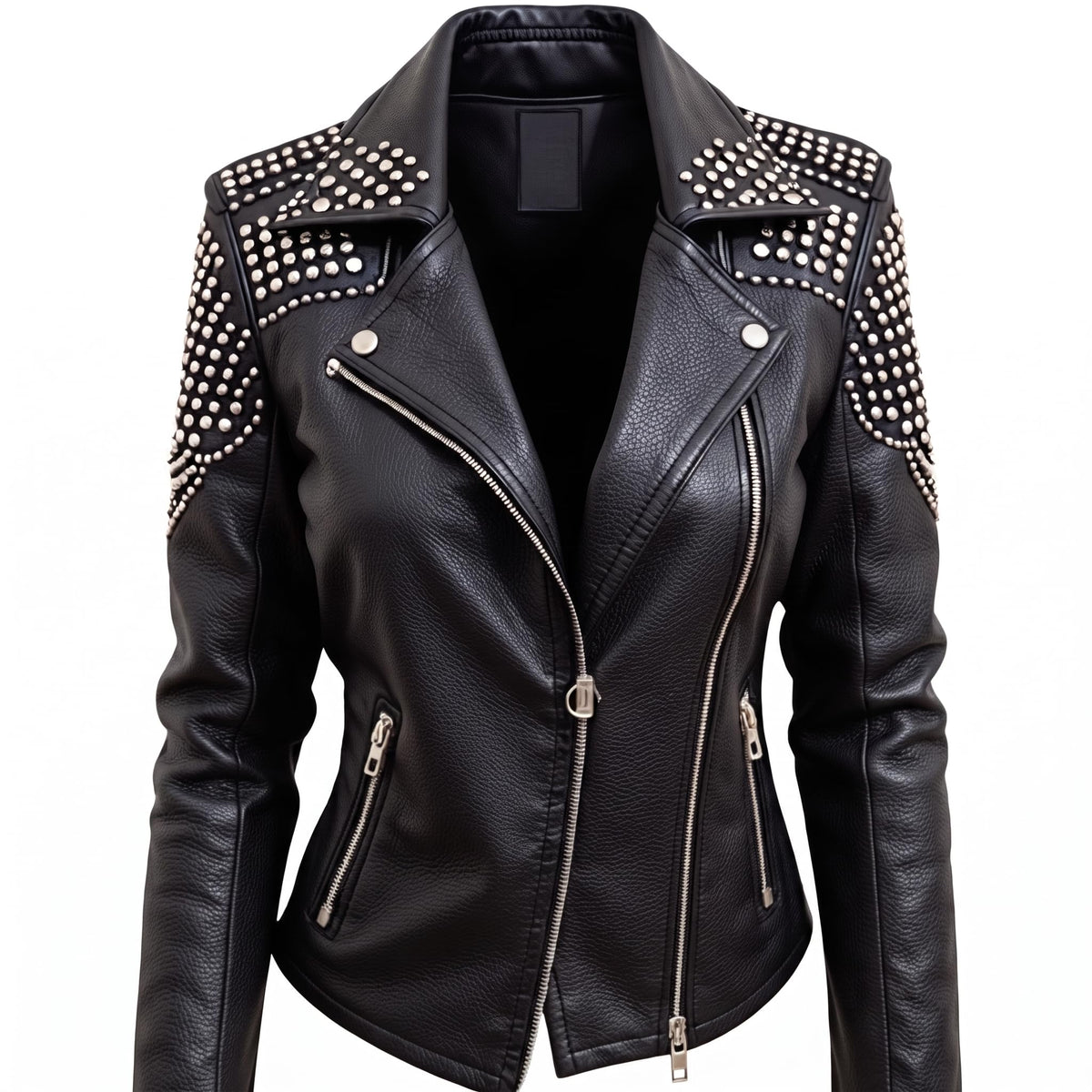 Women's Handcrafted Studded Black Leather Biker Jacket – Edgy Rockstar Style - Timber AND Hide