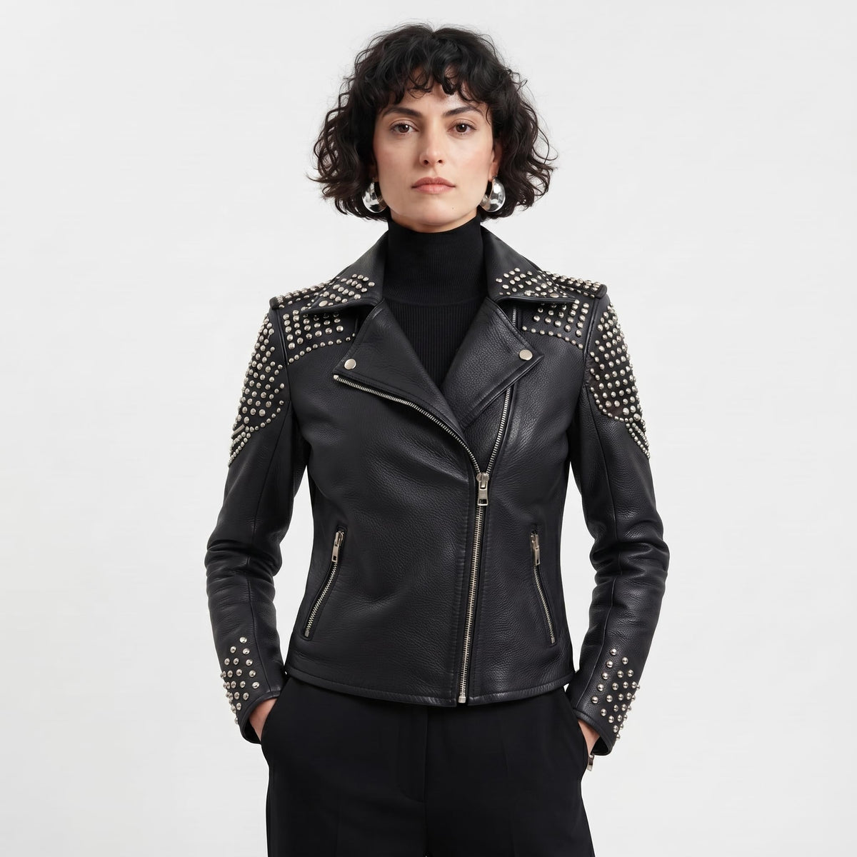 Women's Handcrafted Studded Black Leather Biker Jacket – Edgy Rockstar Style - Timber AND Hide