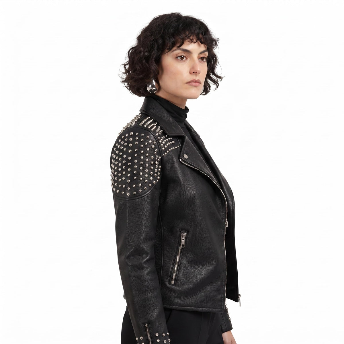 Women's Handcrafted Studded Black Leather Biker Jacket – Edgy Rockstar Style - Timber AND Hide