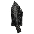 Women’s Handmade Black Leather Motorcycle Jacket – Studded, Spiked, & Hand-Painted Misfits Punk Rocker Style - Timber AND Hide