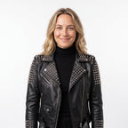 Women’s Handmade Black Leather Motorcycle Jacket – Studded, Spiked, & Hand-Painted Misfits Punk Rocker Style - Timber AND Hide