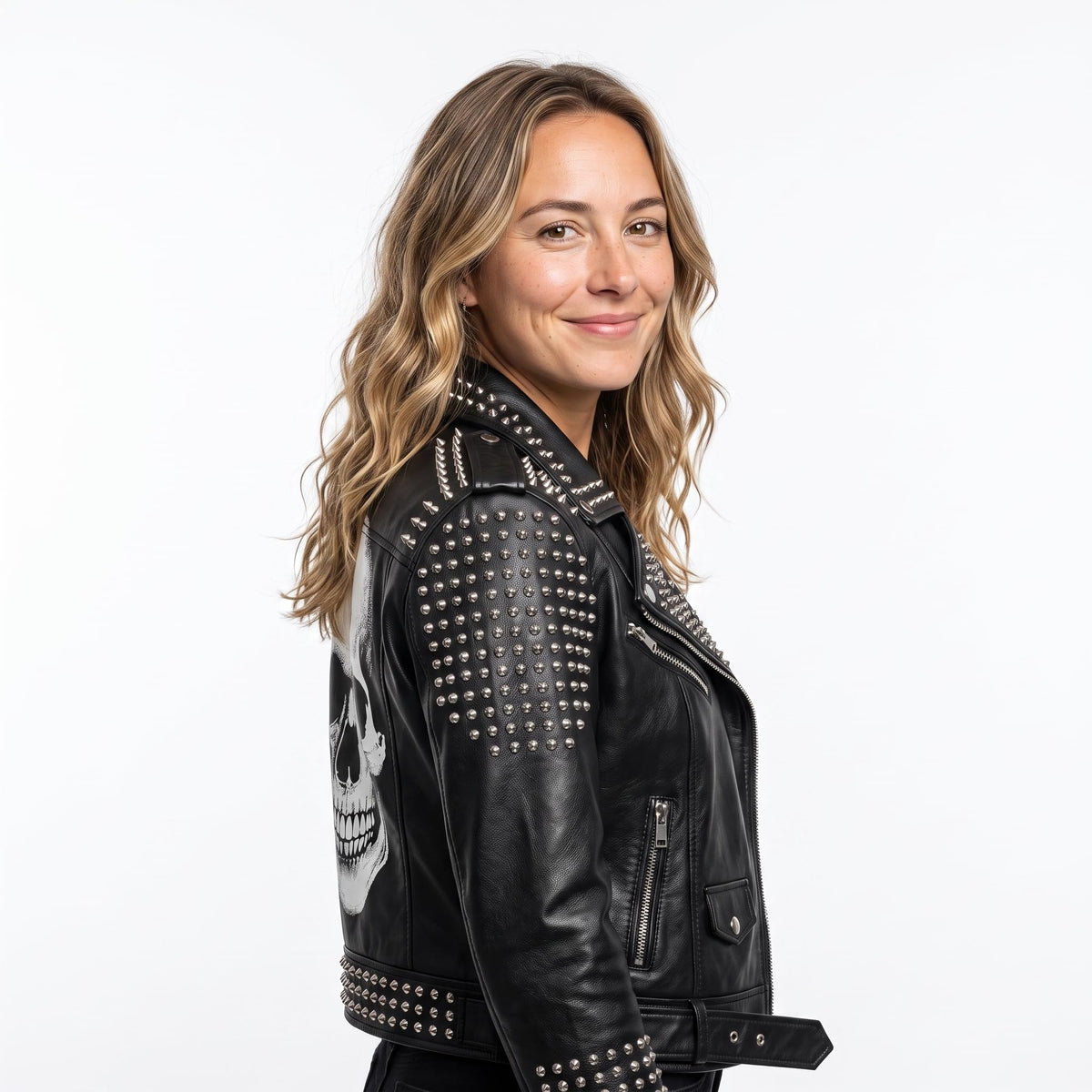 Women’s Handmade Black Leather Motorcycle Jacket – Studded, Spiked, & Hand-Painted Misfits Punk Rocker Style - Timber AND Hide