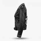 Women’s Handmade Black Leather Motorcycle Jacket – Studded, Spiked, & Hand-Painted Misfits Punk Rocker Style - Timber AND Hide