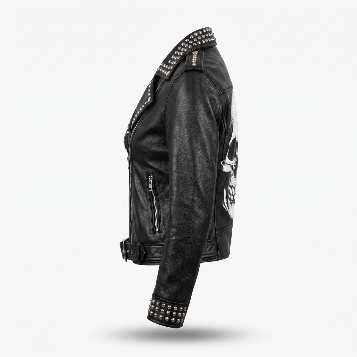 Women’s Handmade Black Leather Motorcycle Jacket – Studded, Spiked, & Hand-Painted Misfits Punk Rocker Style - Timber AND Hide
