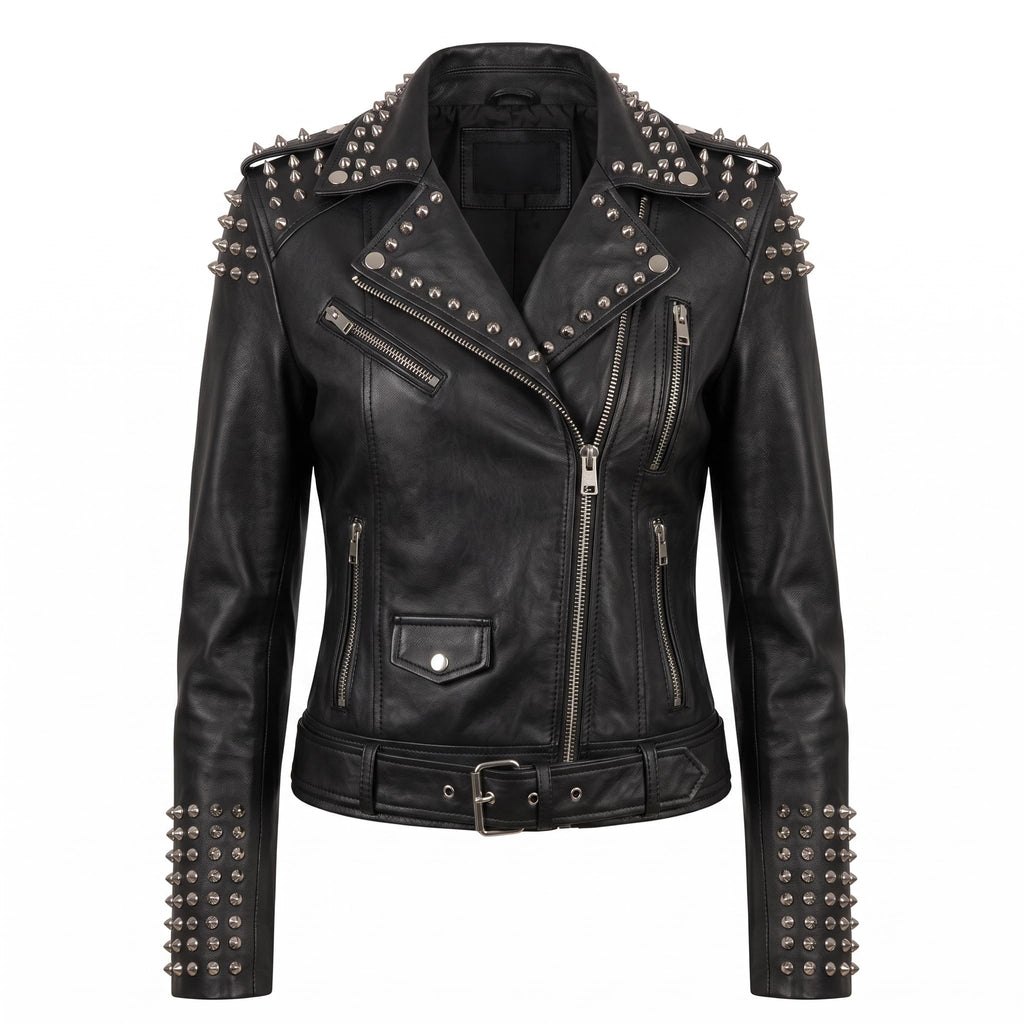 Women’s Handmade Black Leather Motorcycle Jacket – Studded, Spiked, & Hand-Painted Misfits Punk Rocker Style - Timber AND Hide