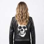 Women’s Handmade Black Leather Motorcycle Jacket – Studded, Spiked, & Hand-Painted Misfits Punk Rocker Style - Timber AND Hide