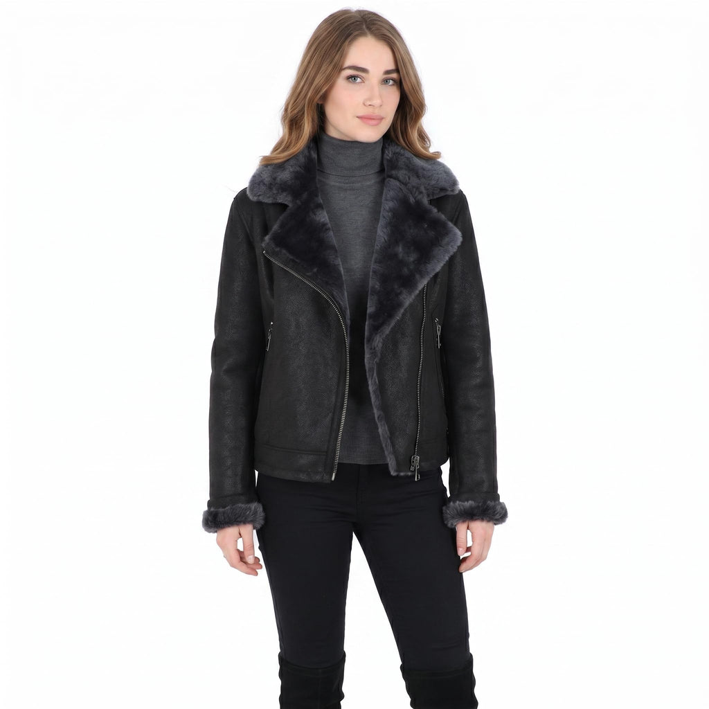 Women's Luxury Shearling Aviator Jacket Black/brissa - Timber AND Hide