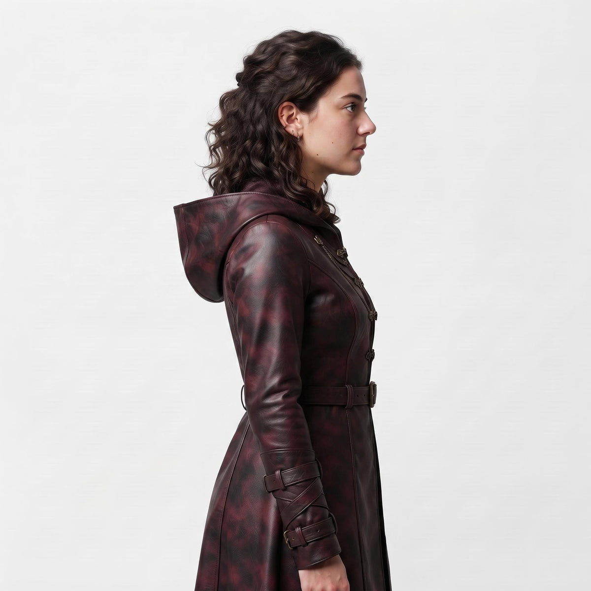 Women's Oxblood Leather Hooded Coat | Hand-Dyed Smoky Black Patina Trench Jacket - Timber AND Hide