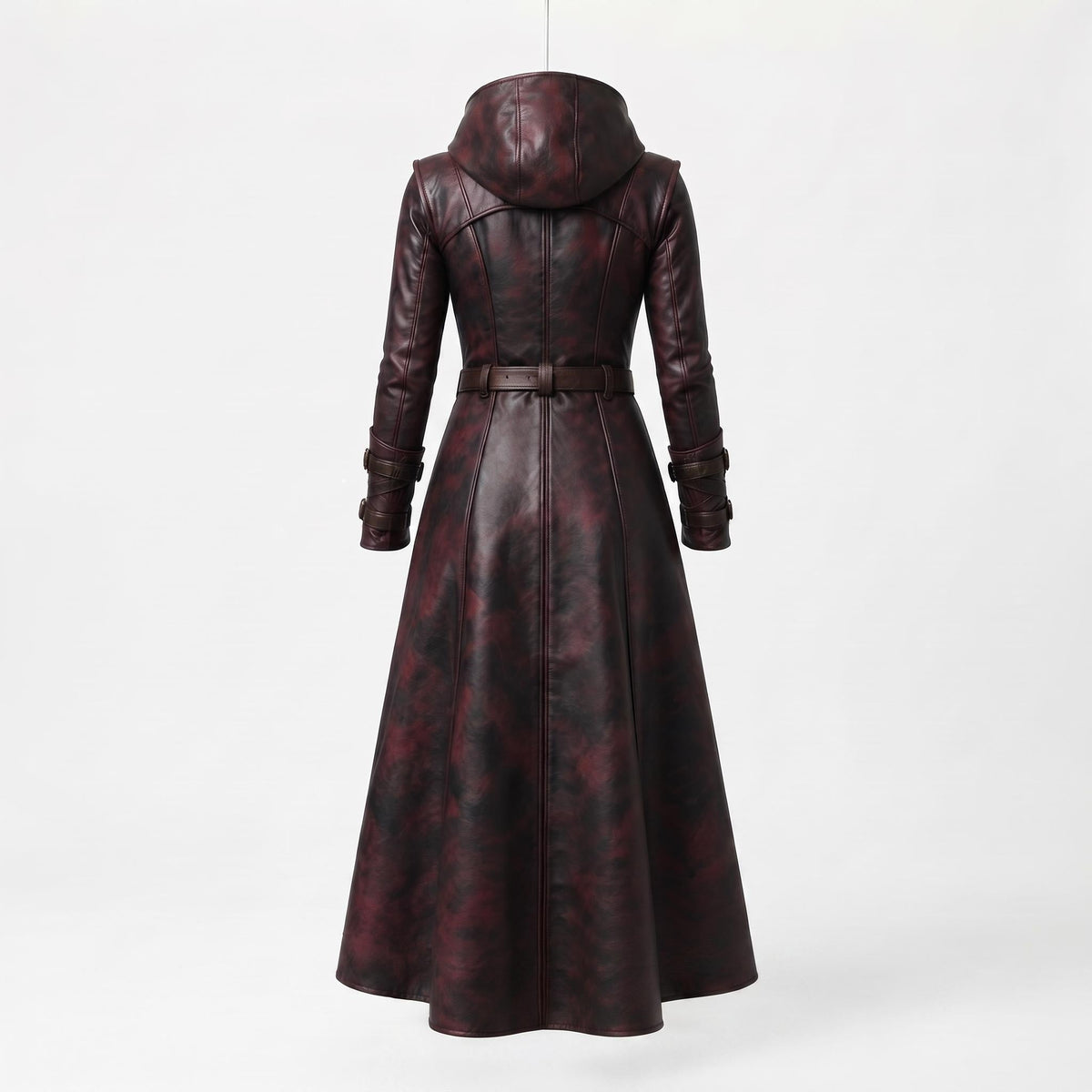 Women's Oxblood Leather Hooded Coat | Hand-Dyed Smoky Black Patina Trench Jacket - Timber AND Hide