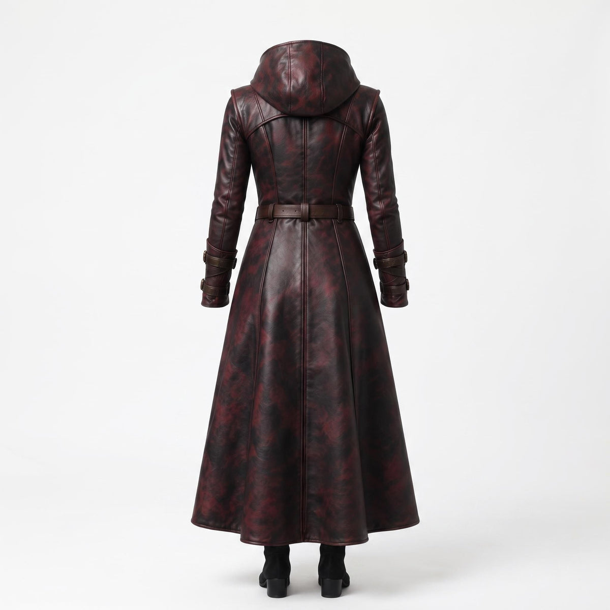 Women's Oxblood Leather Hooded Coat | Hand-Dyed Smoky Black Patina Trench Jacket - Timber AND Hide