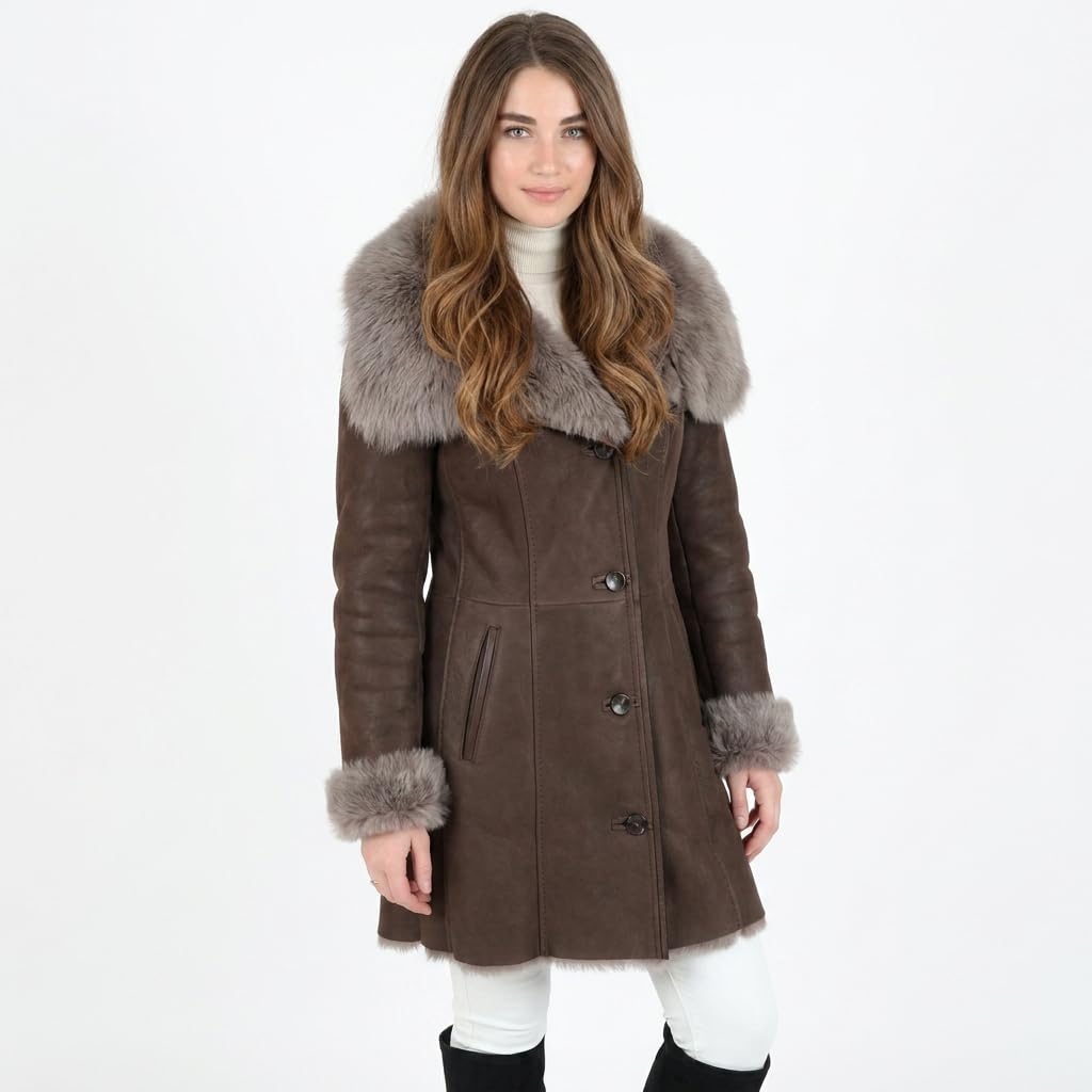 Women's Sheepskin Long Hair Toscana Lapel Coat Brown - Timber AND Hide