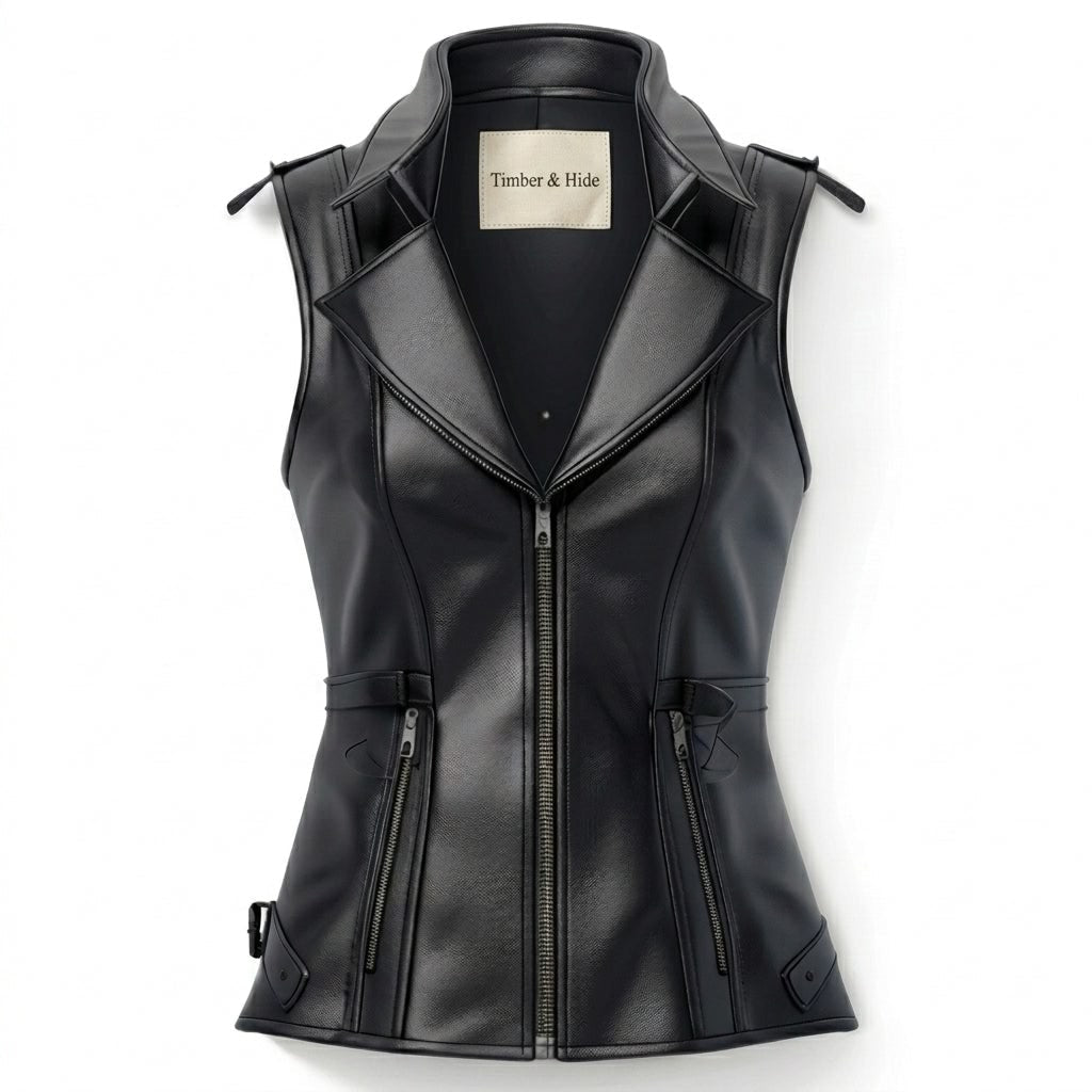 Women’s Stylish Black Leather Vest - Timber AND Hide