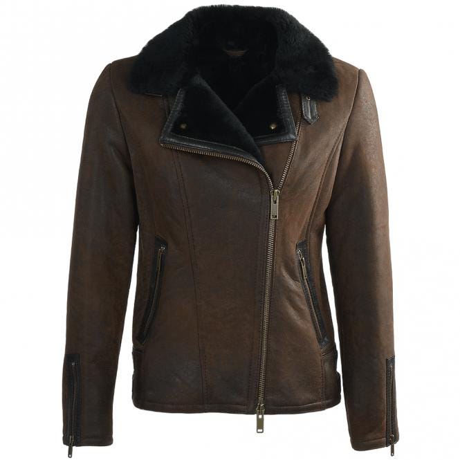 Women's Tan Leather Aviator Jacket, Sheepskin Shearling Bomber Coat, Faux Fur Collar - Timber AND Hide