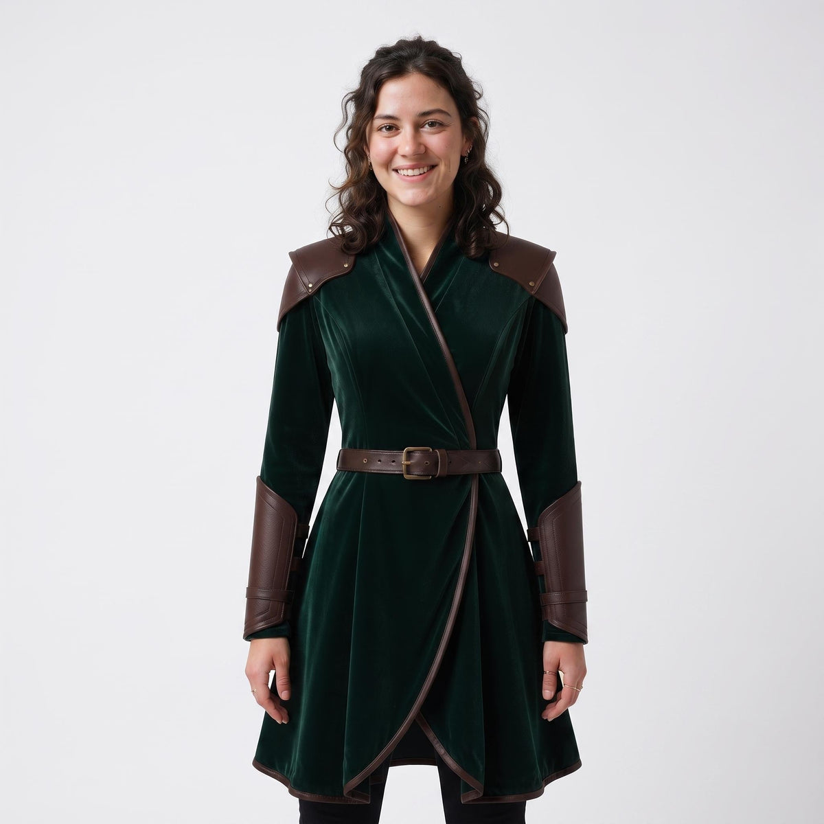 Women's Velvet Wrap Coat Dress with Leather Armor Trim, Fantasy Cosplay Outfit - Timber AND Hide