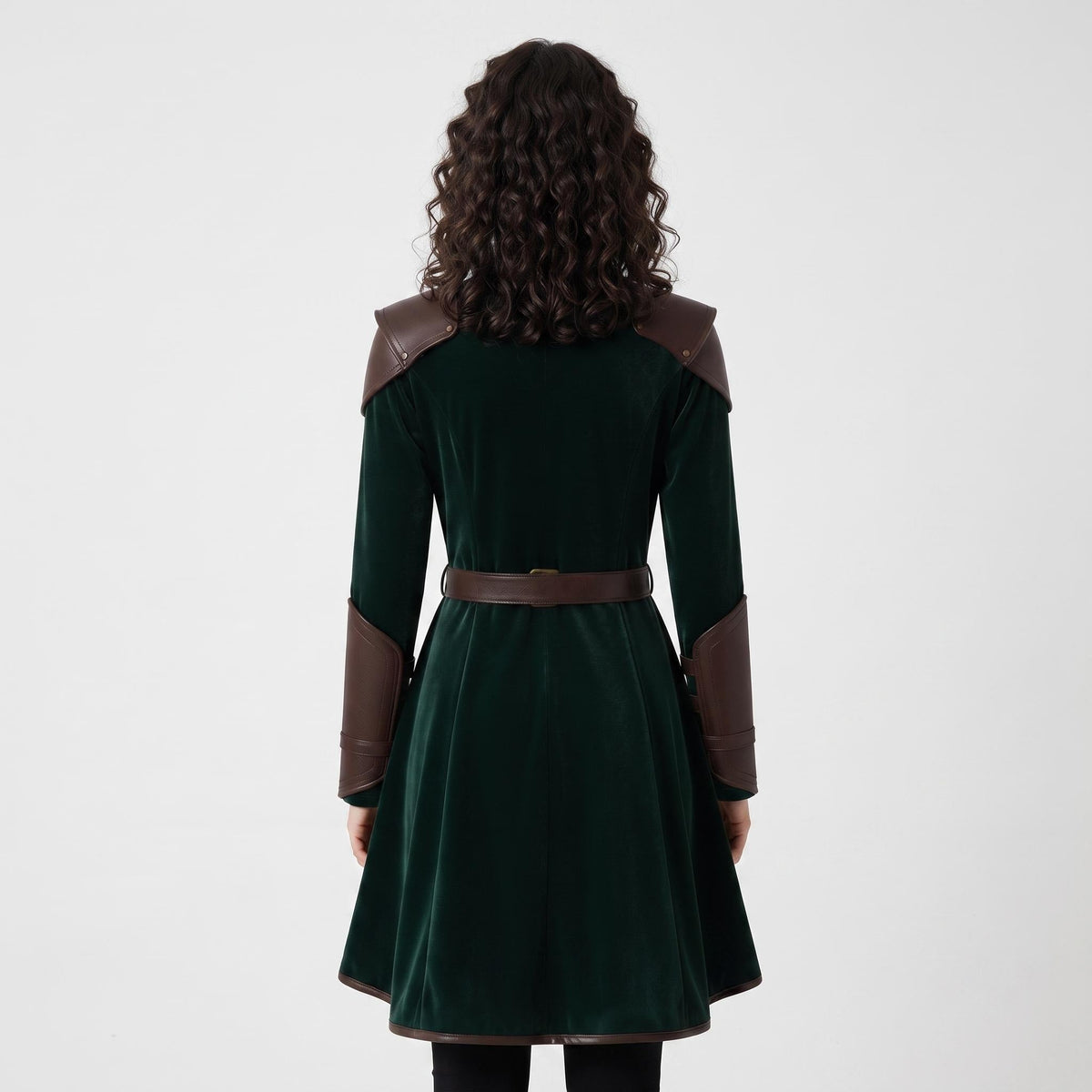 Women's Velvet Wrap Coat Dress with Leather Armor Trim, Fantasy Cosplay Outfit - Timber AND Hide