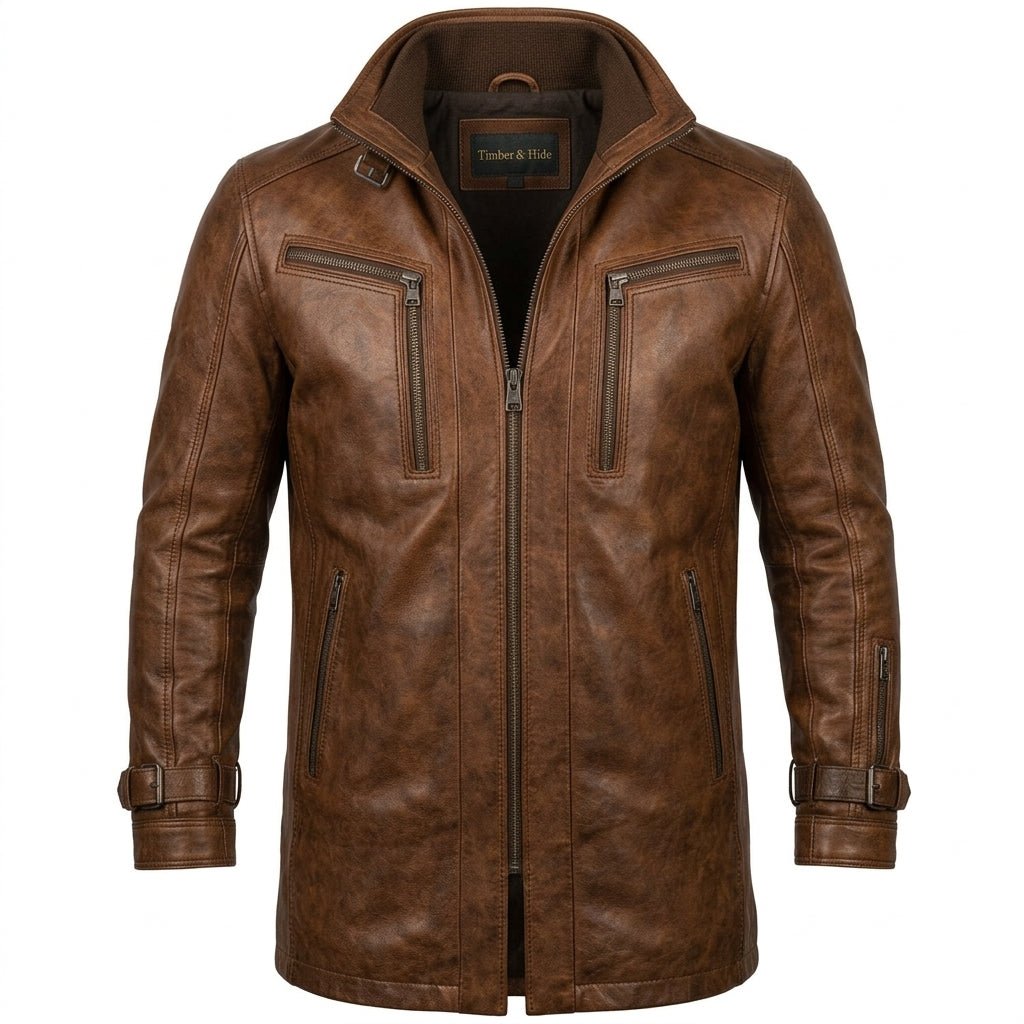 Yahya Leather Brown Long Coat - Men Long Coat Brown - Timber AND Hide