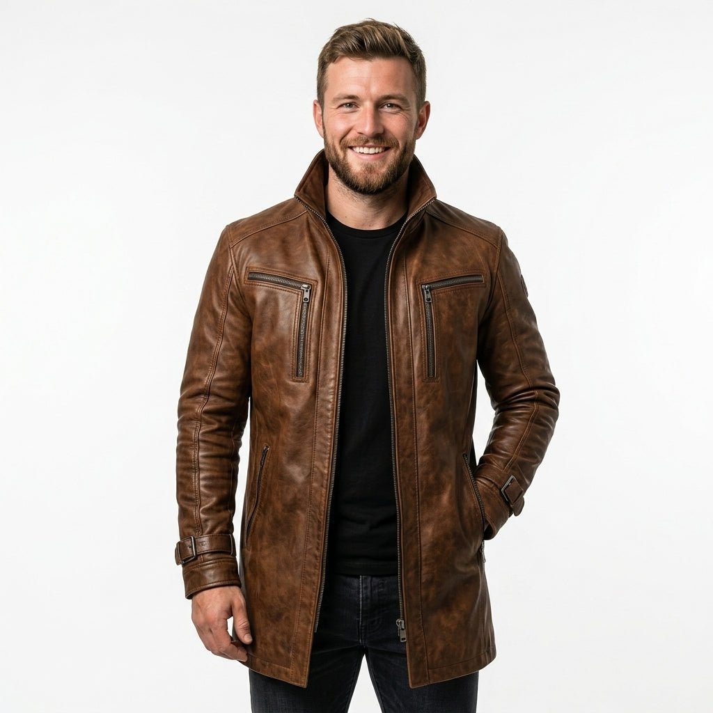 Yahya Leather Brown Long Coat - Men Long Coat Brown - Timber AND Hide
